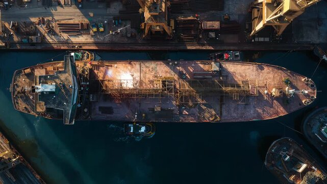 Aerial view of a massive tanker ship under construction at shipyard