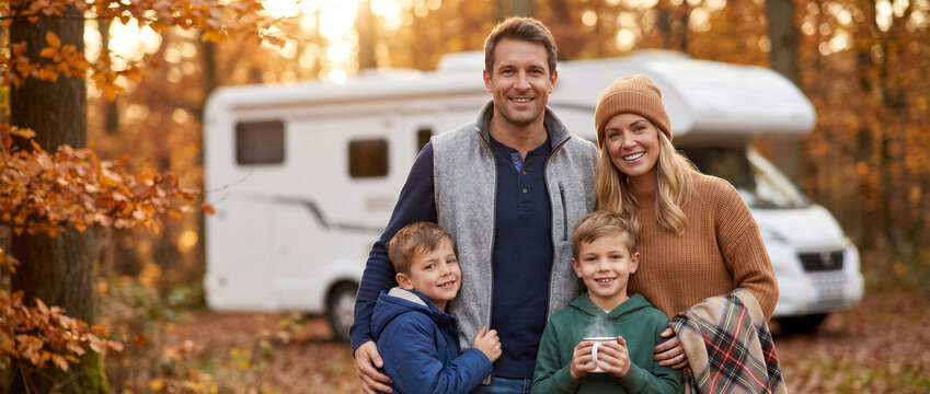 Happy family with two children standing in front of a camper van during an autumn camping trip in the forest