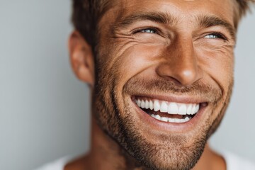 Fototapeta premium A close-up portrait of a handsome man with a warm smile, showcasing healthy teeth and a cheerful, positive expression against a simple background.