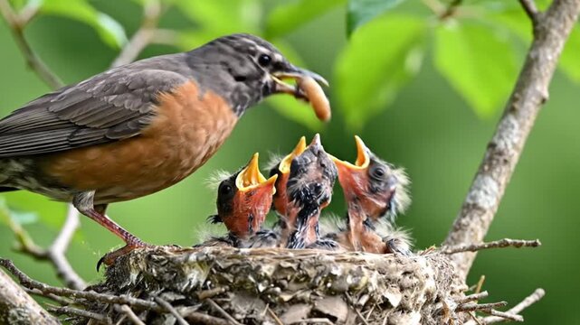 Robin feeding young birds in nest.