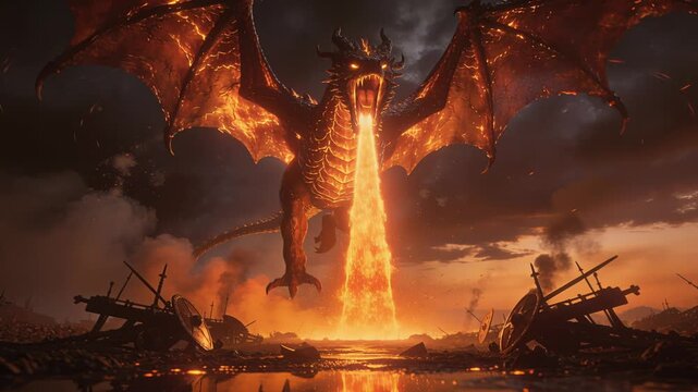 Dragon destroys harbor, Colossal dragon unleashes blazing flame over ruins