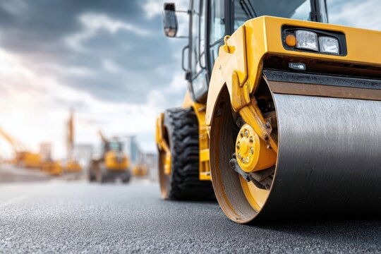 Close-up of a vibrant yellow asphalt roller compactor machine working on a new road construction project under a cloudy sky in the background.