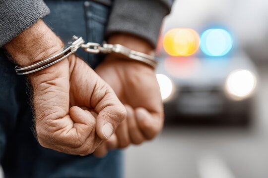 Close-up on hands cuffed with police car lights blurred in background. Concept of arrest, crime, and law enforcement, justice, and being apprehended by the police.