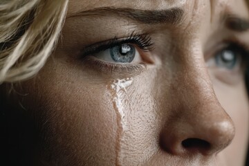 Fototapeta premium A close-up portrait of a woman's face with a tear streaming down her cheek, highlighting her blue eyes and the emotion of sadness and pain being displayed.