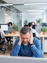 Fototapeta premium Middle-aged man with gray hair sitting at a desk in an office, covering his ears in response to loud noise, coworkers visible at desks in the background