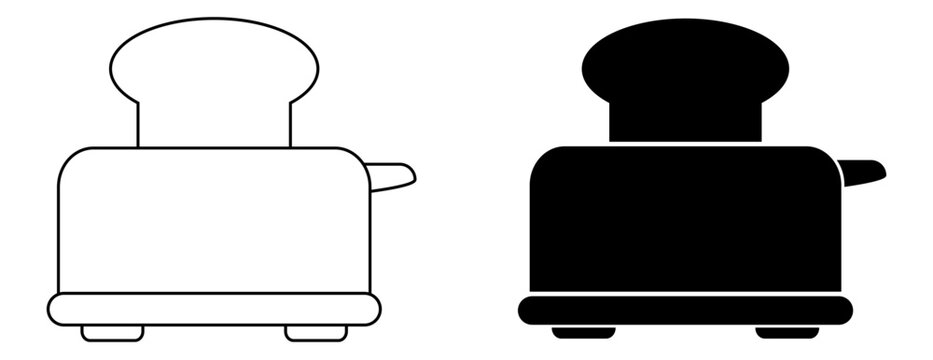 Tostadora con pan en blanco y negro. Icono de cocina. Ilustraci&oacute;n vectorial para sitio web, tienda, restaurante, app, folleto y otros. 
