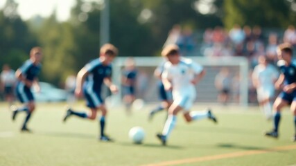 Fototapeta premium Blurred action of youth soccer players dribbling and chasing ball during competitive match on green grass field