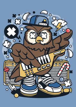 Cartoon Owl Playing Keytar