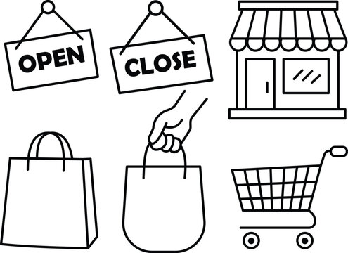 Shopping icon vector set with storefront bag cart open and close signs