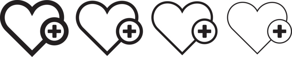 Obraz premium Health care icons vector glyph and thin line. Black icons. Cross plus heart medical icon set