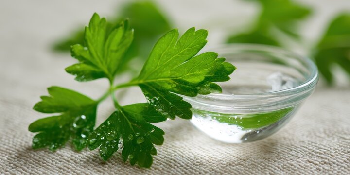 passover seder symbolism, sharp close-up of fresh green parsley karpas next to a small glass bowl of saltwater portrays a bright, airy scene