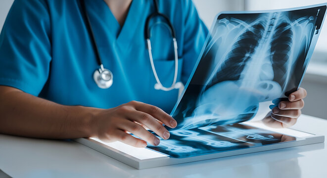 Medical Professional Scrutinizes Chest X-ray Film on Light Table for Patient Diagnosis and Health Assessment