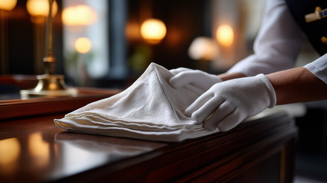 Close up of hands in white ceremonial gloves carefully smoothing the fabric of a folded triangular flag on a dark polished mahogany surface every crease precise and deliberate
