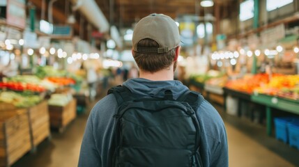 Fototapeta premium A person with a backpack and cap browses fresh produce in a bustling indoor market with vibrant colors and bright lighting.