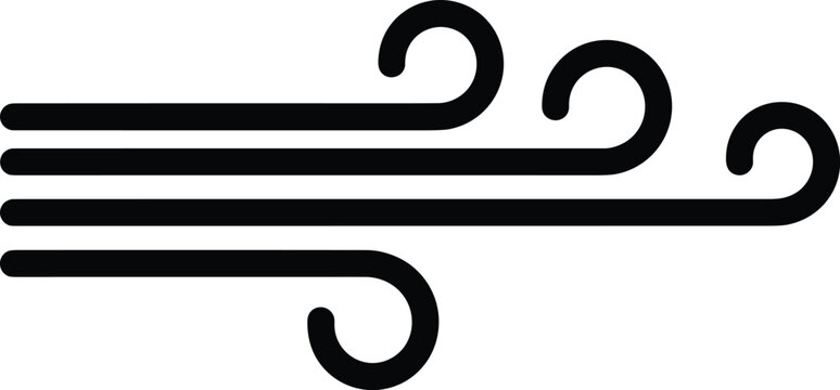 Black wind icon with blow lines and swirl curves, weather forecast symbol, flat vector illustration isolated on white background