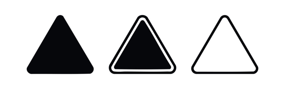 Warning triangle sign icon set. Yield, caution, or hazard symbol in solid, outlined, and line art styles. Vector illustration.