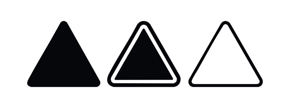 Rounded warning triangle sign icon set. Yield, caution, or hazard symbol in solid, outlined, and line art styles. Vector illustration.