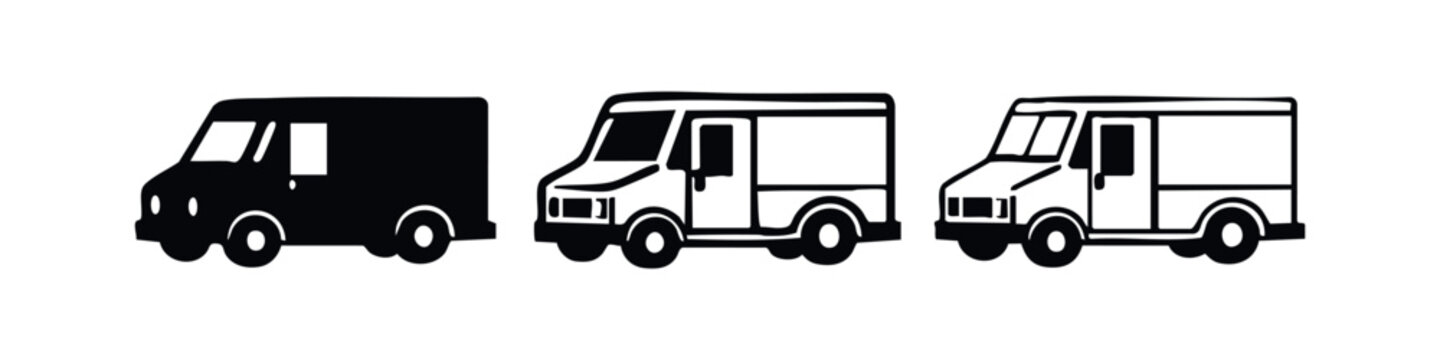Delivery Van Icon Set. Commercial Step Van Symbols for Logistics and Parcel Shipping.