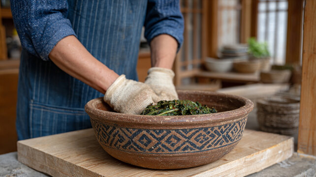 Macro of traditional Korean kimchi being packed into ceramic onggi pot by gloved hands
