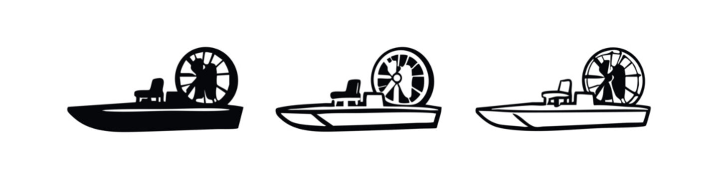 Airboat Icons Set. Flat, Silhouette, and Outline Styles for Swamp Boat or Airboat Symbols.