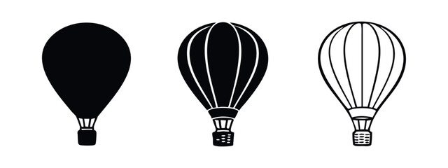 Elongated hot air balloon icon set in solid, outline, and thin line styles, isolated on white background. © liubomir118809