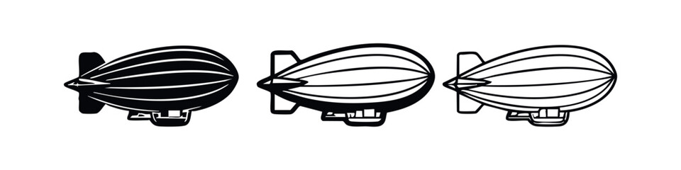 Dirigible blimp icon set with propeller and cabin in solid, outline, and thin line styles, isolated on white. © liubomir118809