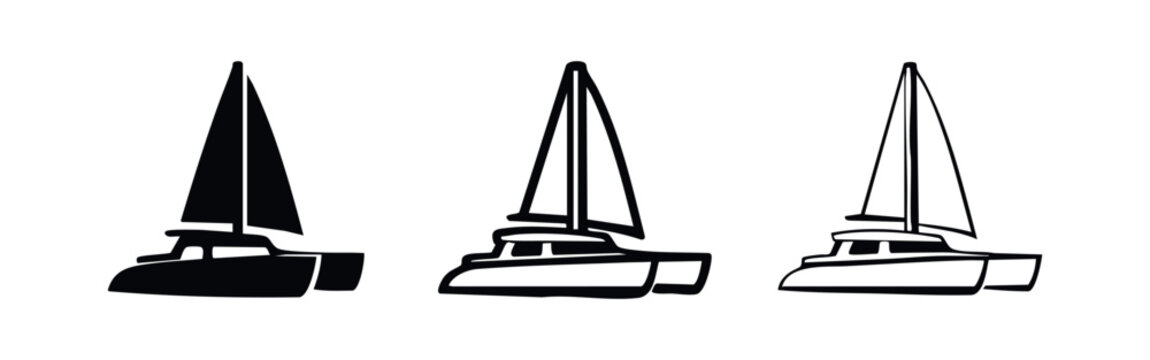 Catamaran sailboat icon set in solid, filled outline, and outline styles, representing sailing and yachting.