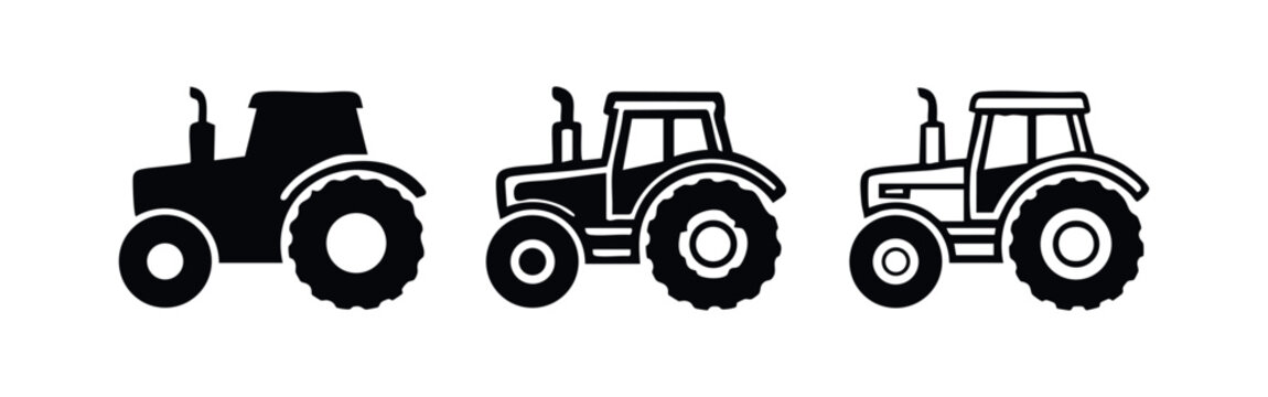 Agricultural Tractor Icon Set with Solid, Outlined, and Sketch Styles
