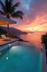 Fototapeta premium Luxury villa with pool overlooks ocean at sunset. Infinity pool reflects colorful sky. Palm tree and deck with lounge chair complete serene view.