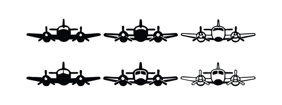Propeller Airplane Icons Set - Front View Black and White Vector Illustration of Aircraft