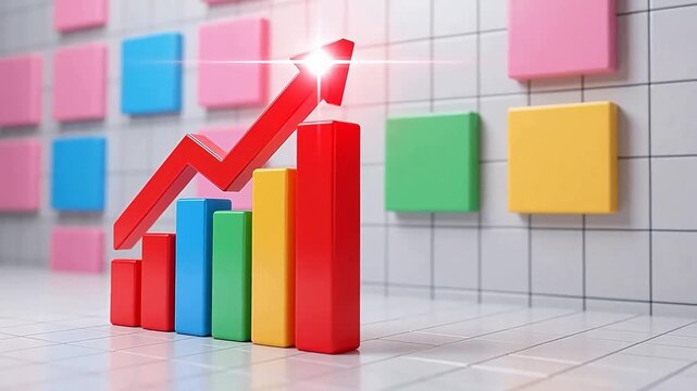 Colorful bar chart with rising red arrow