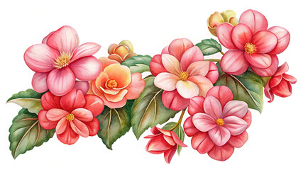 Fototapeta premium Watercolor Painting of Begonia Flowers in Shades of Pink and Orange