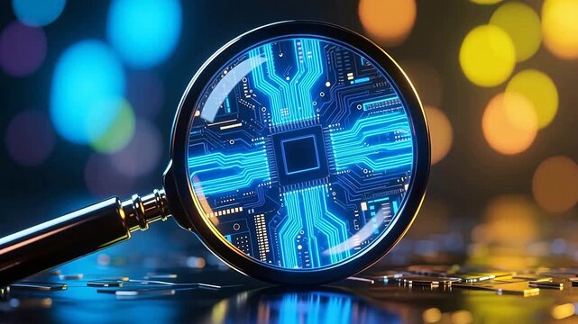 Magnified blue circuit chip on reflective surface