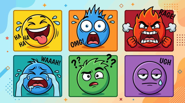Collection of six emoticon faces expressions.