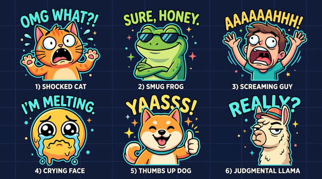 Emotions expressed by cartoon animal faces.