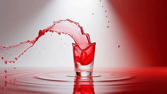 Red liquid splashes in glass on water