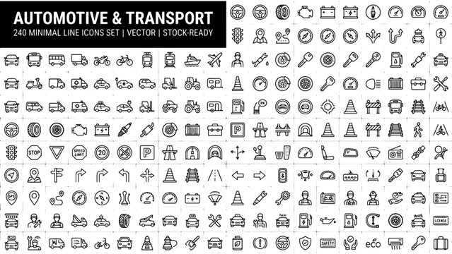 240 Minimal Line Icons Set, Automotive & Transport, Vector Graphics, Stock Ready vector illustration