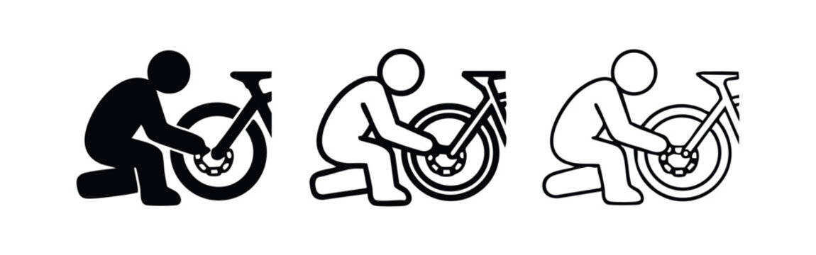 Man Repairing Bicycle Wheel Icon Set. Person Fixing Bike Maintenance Pictogram. Cycling Service Vector Illustration.