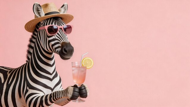 Zebra wearing hat and sunglasses holding drink