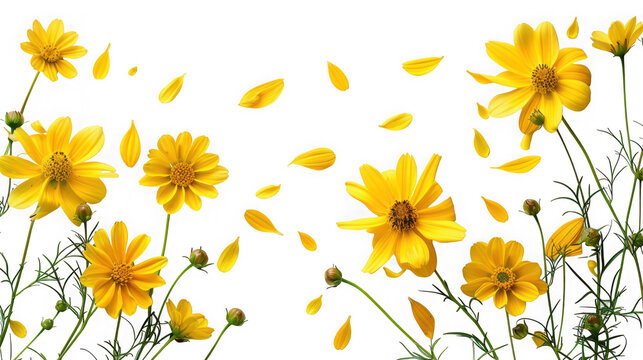 Yellow cosmos flowers with falling petals in a decorative floral compositio isolated on transparent background