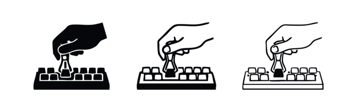 Hand using a keycap puller to remove a mechanical keyboard keycap icon set for maintenance and customization.