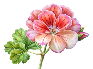 Fototapeta premium Watercolor Painting of a Beautiful Pink and Orange Geranium Flower with Green Leaves