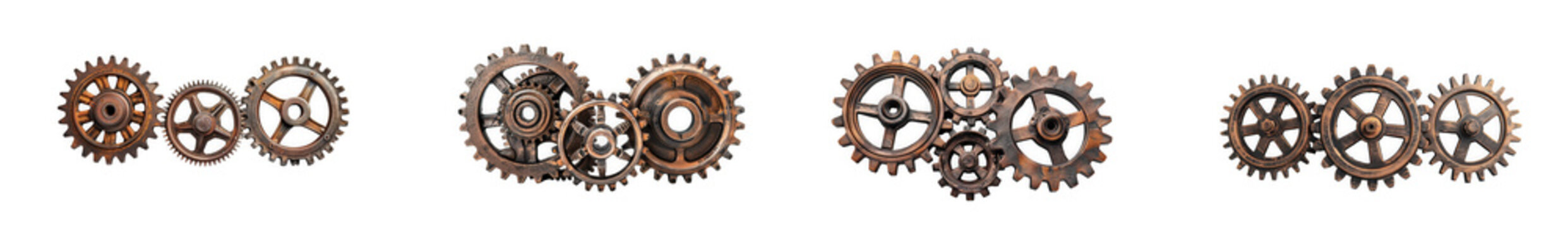 Collection of interconnected rusty metal gears and clockwork cogs in isolated on transparent background