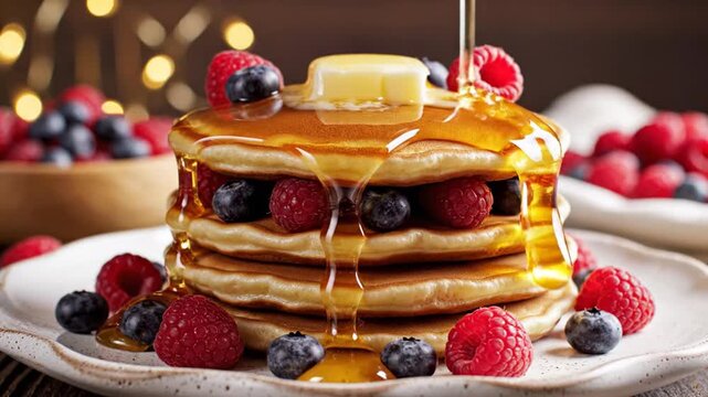 A stack of pancakes with syrup and berries on a white plate.