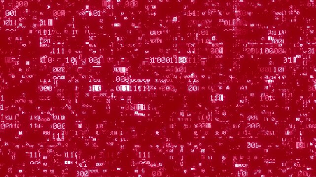 Distorted binary numbers create a digital glitch effect representing a severe cyber attack, data breach, and critical system failure in a computer network