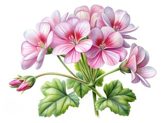 Fototapeta premium Watercolor botanical illustration of beautiful pink and white geranium flowers cluster