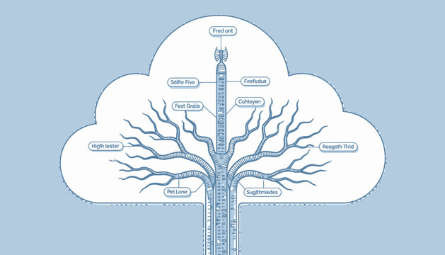 Detailed Visualization of a Networked Tree Structure with Centralized Connectivity and Diverging Branches Representing Complex Data Flow
