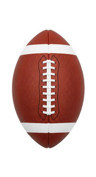 A classic brown american football with white laces and stitching