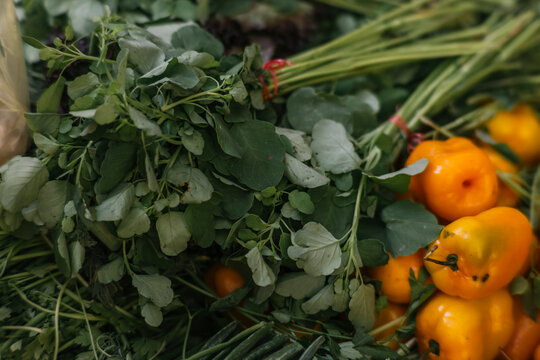 Fresh manzano chiles amidst papalo branches at a traditional stall in a Mexican tianguis.
