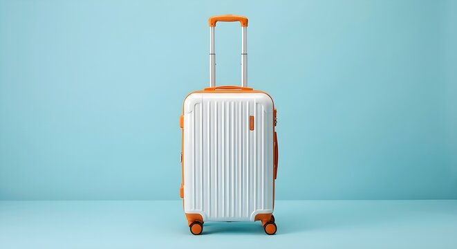 Maleta r&iacute;gida blanca con detalles naranjas para viajes modernos